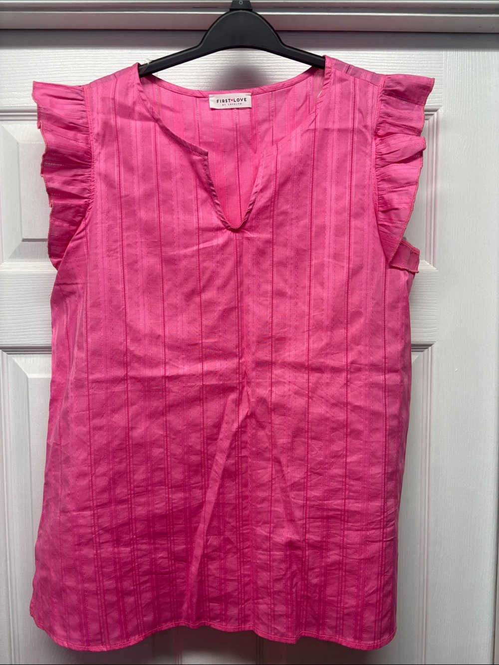 First Love Pink Ruffle Sleeve V-Neck Textured Top Barbie Core Medium